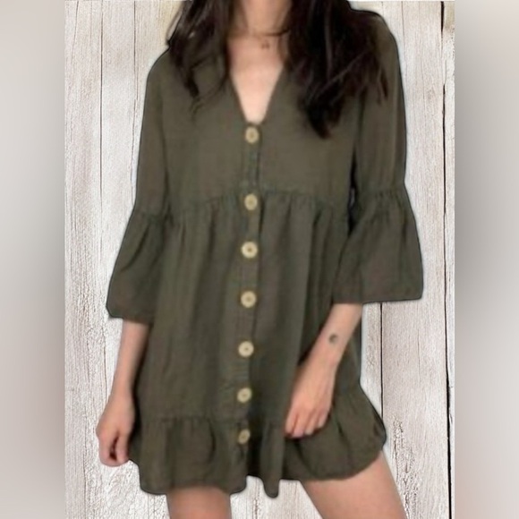 Zara Mini Dress Linen/Cotton V Neckline 3/4 Bell Sleeve Tiered Boho Khaki Gr Sm - Picture 1 of 9